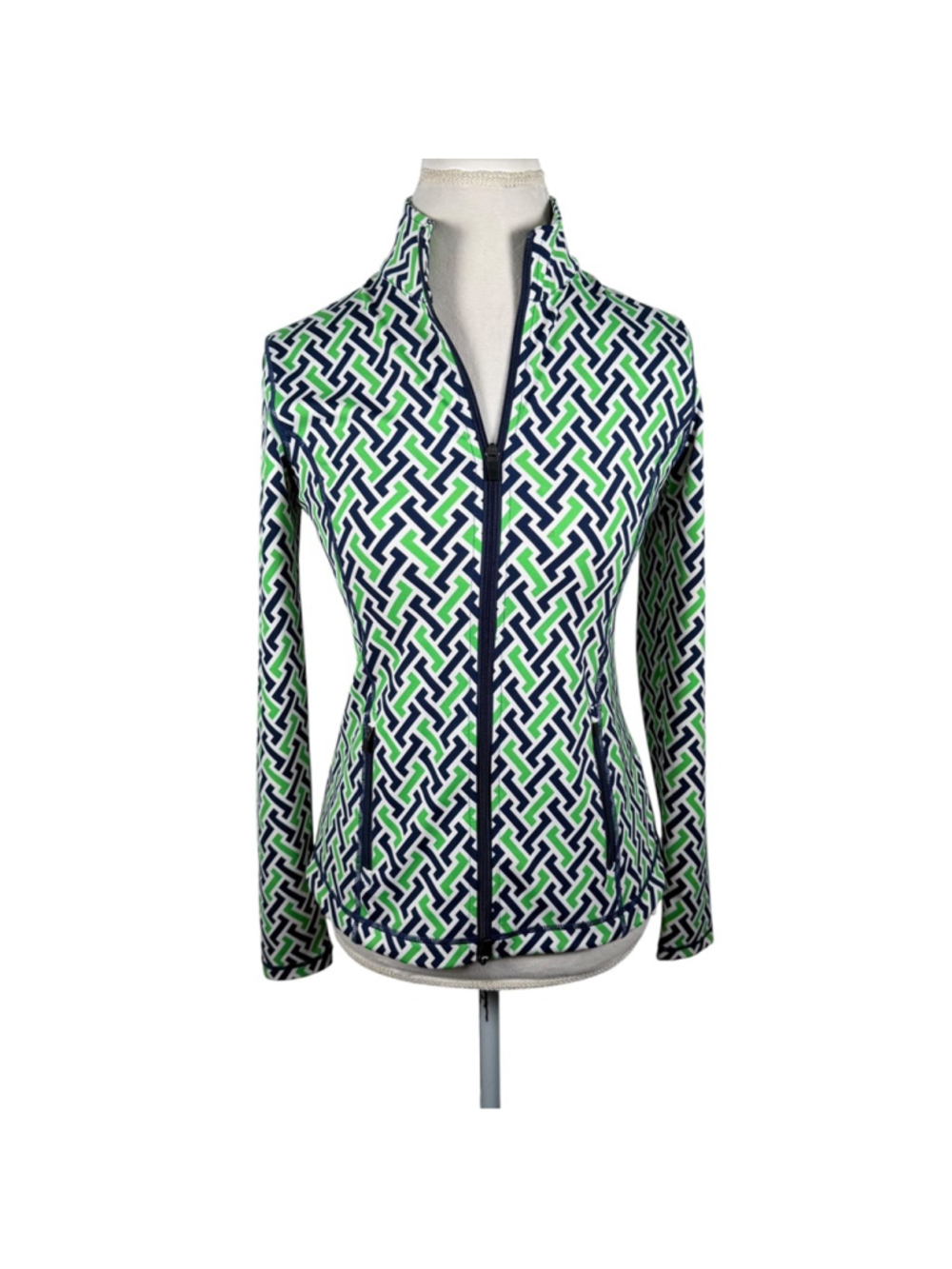 J. McLaughlin Billie Active Jacket Navy Green Geometric Sporty Full Zip Size S - Picture 2 of 11